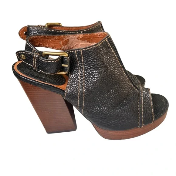 VTG Lucky Brand Black Leather Paola Peep Toe Block Heel Sling Back Size 9 READ - Picture 2 of 12